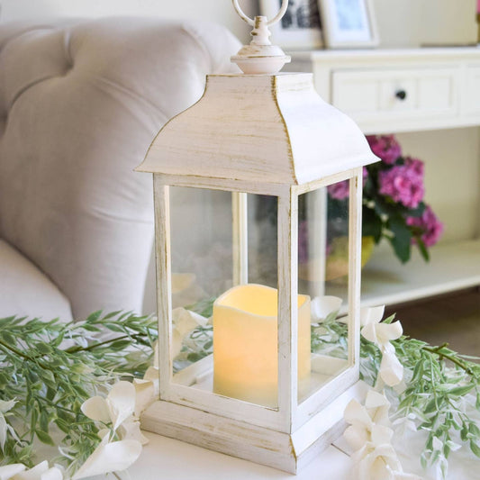 Led Vintage Decorative Distressed White Lantern - Manchester