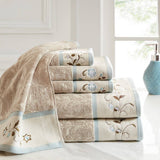 6-Piece Embroidered Floral Bathroom Towel Set, Taupe/Blue