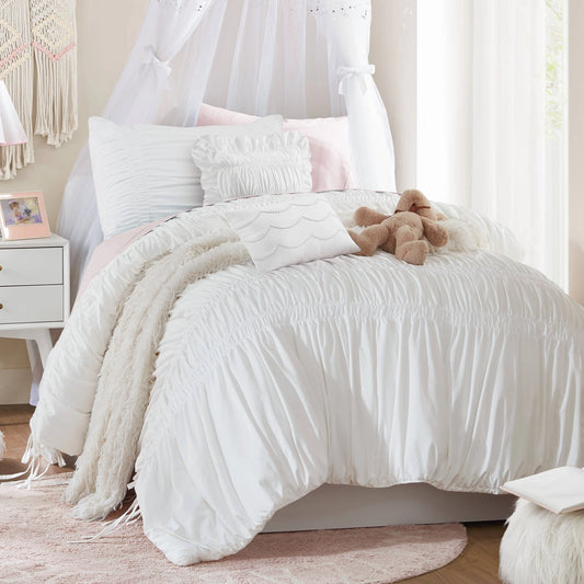 Shabby Chic Ruched Microfiber Comforter Set, White