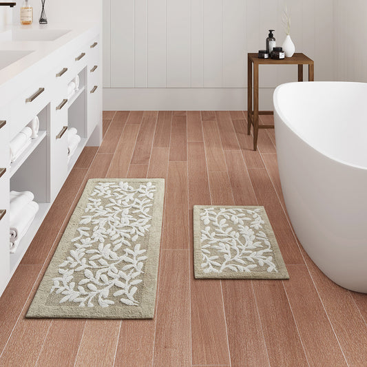 Dimensional Leaf Cotton Tufted Anti-Skid Bath Rug, Taupe