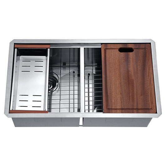 Aegis Undermount Stainless Steel 32.75 in. 0-Hole 50/50 Double Bowl Kitchen Sink with Cutting Board and Colander