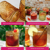 10oz Amber Ribbed Floral Retro Drinking Glass Set