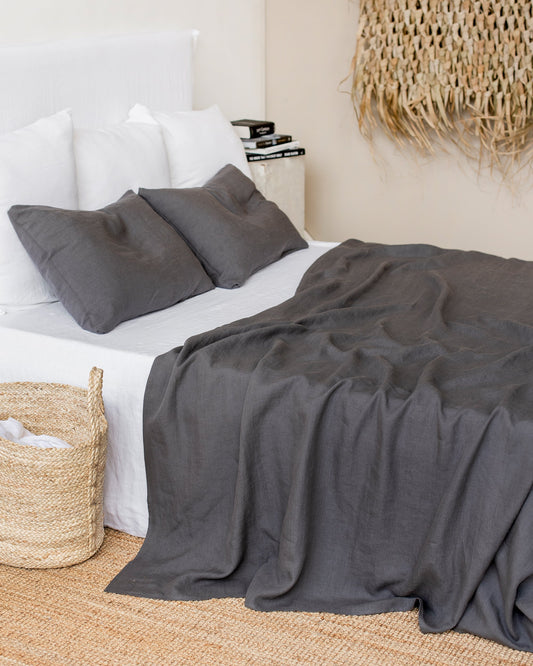 Charcoal gray linen flat sheet