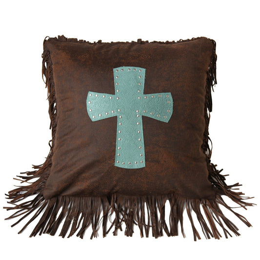 Cheyenne Tooled Leather Cross Throw Pillow, Turquoise