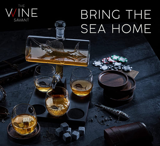 Swordfish & Sailfish Wine & Whiskey Decanter Dispenser and 4 Liquor Glasses