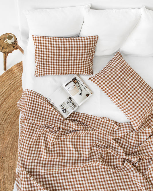 Cinnamon gingham linen flat sheet