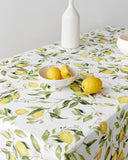 Citrus garden print on white linen tablecloth