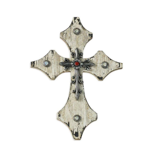Cream Distressed Wood Cross Wall Art w/ Silver Accent, 4 MOQ