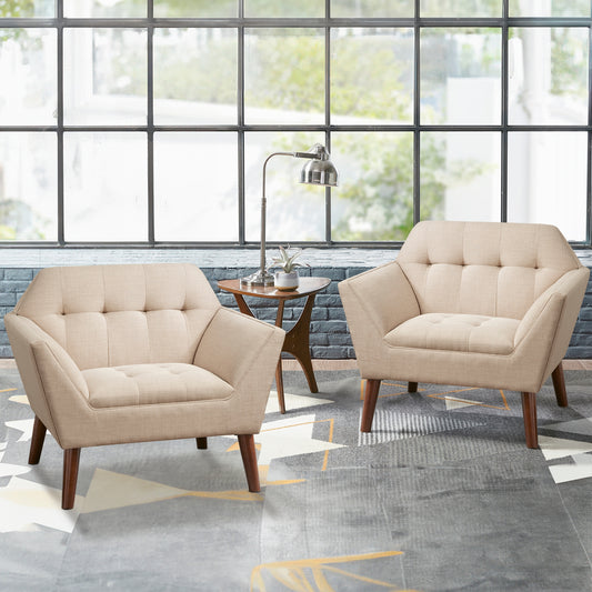 Modern Mid-Century Accent Arm Chair, Beige [Set of 2]
