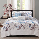 6 Piece Watercolor Floral Reversible Quilt Set, Blue