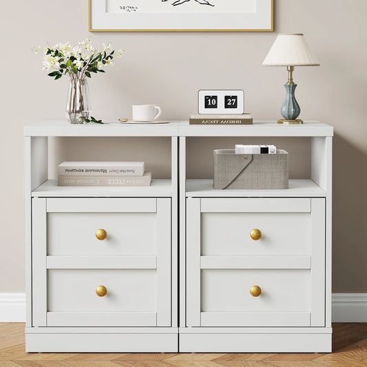 Nightstand with Storage Shelf and Door, Faux 2-drawer Table