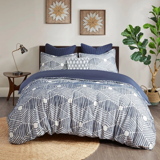Geo Clipped 3-Piece Comforter or Duvet Cover Set, Navy Blue