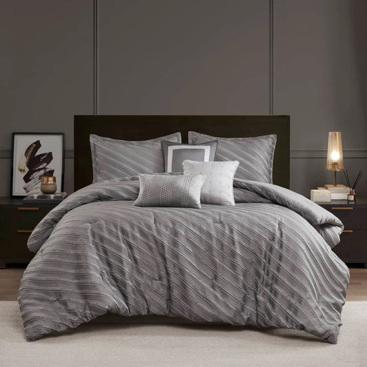 Wholesale 7-pcs Diagonal Stripes Raised Jacquard Comforter Set, Grey
