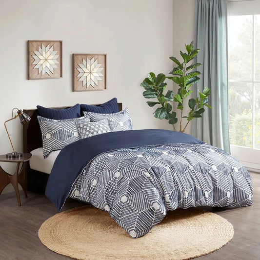 Geo Clipped 3-Piece Comforter or Duvet Cover Set, Navy Blue