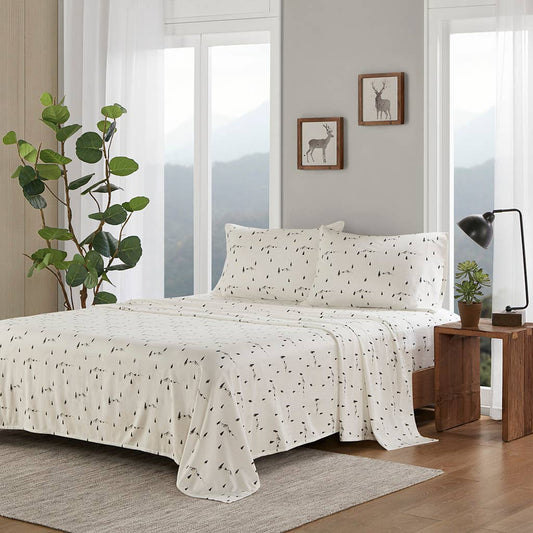 Winter Flannel Cotton Sheet Set, Black Pine Trees White