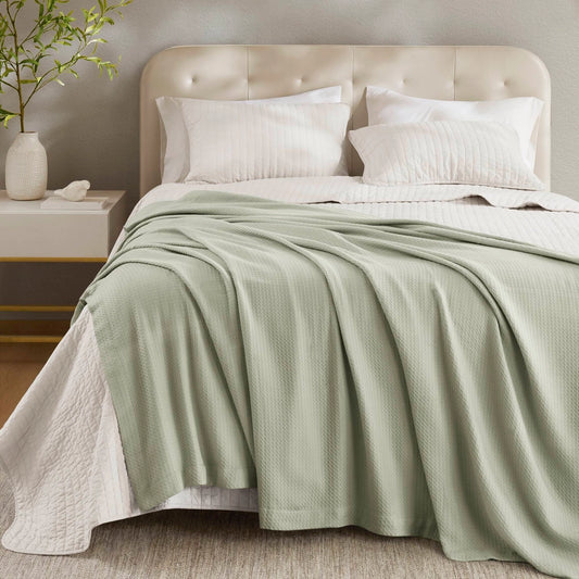 All-Season Egyptian Cotton Woven Bedding Blanket, Sage Green