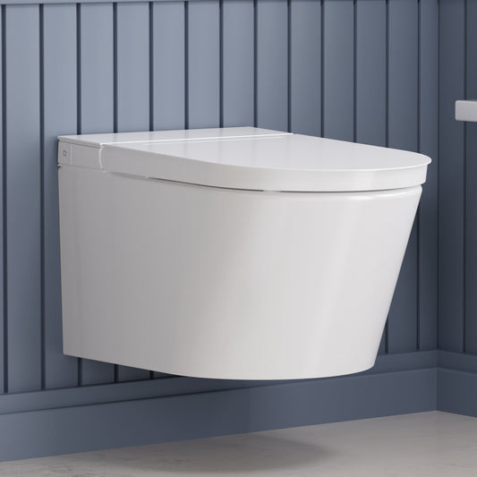 Smart Space-Saving Wall-Hung Elongated Toilet in White with Soft-Close Seat, Easy-Clean Glaze, and Non-Electric Flush