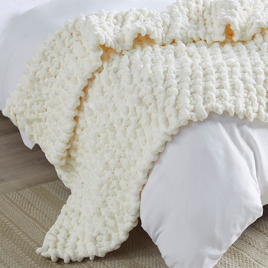 Handmade Chenille Chunky Knit 50x60 Throw, Ivory