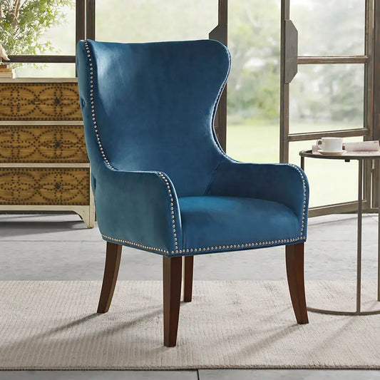 Wholesale Button Tufted Back Winged Track Arms Accent Chair, Blue
