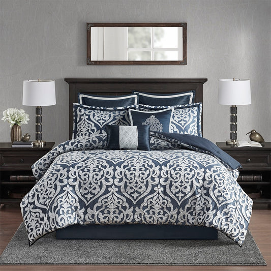 Classic Damask 8-Piece Jacquard Comforter Set, Navy Blue