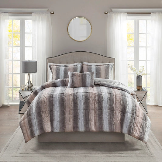 Long Faux Fur 4-Piece Comforter Set, Blush/Grey Stripe