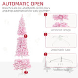 HOMCOM 7.5ft Tall Unlit Snow Flocked Artificial Christmas Tree Slim Pencil Xmas Tree with Pine Shape and Realistic Branches, Pink