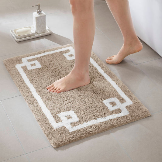 High Pile Bordered Bathroom Rug, Taupe