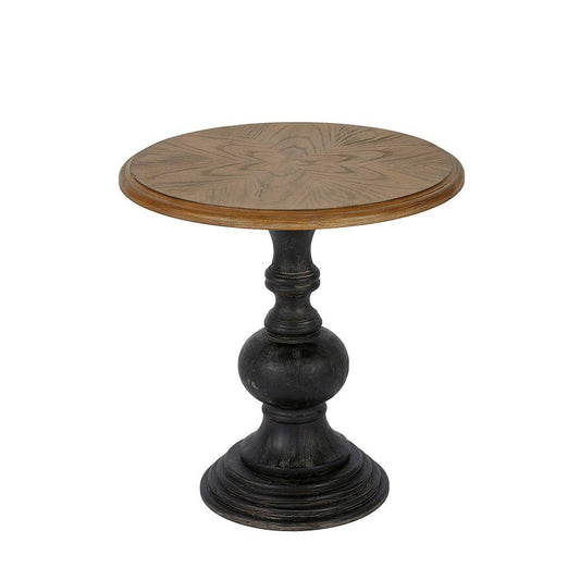 Hand Carved Base Reclaimed Round Accent Table, Black
