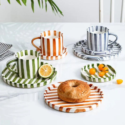 European Striped Ceramic Cup & Saucer Set