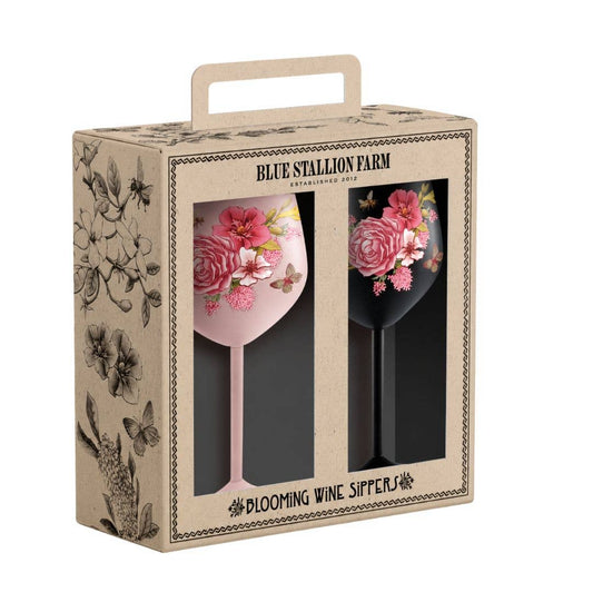 Blue Stallion Farm Floral Wine Glass Set of 2