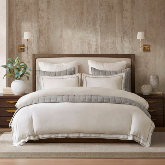 Refined Embroidered Linen Blend Duvet Cover Set, White/Gray
