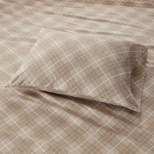 Flannel Cotton Winter Sheet Set, Plaid, Tan