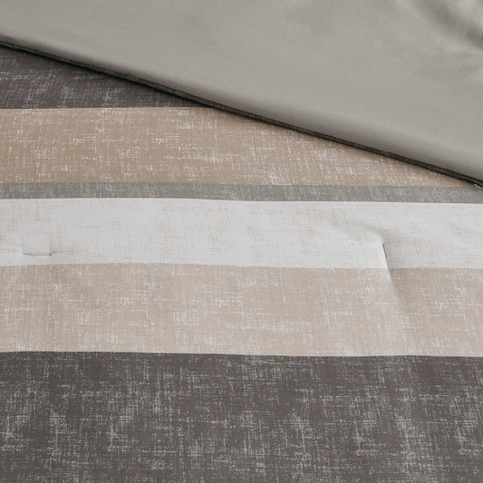 Striped Comforter Set with Bed Sheets, Taupe/Grey