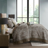5 Piece Jacquard Bedspread Set and Throw Pillows, Blue/Brown