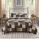 3 Piece Reversible Patchwork Printed Quilt Set, Black/Brown