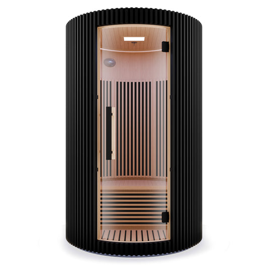 1-2-Person Round Infrared Sauna with Canadian Hemlock Wood, Infrared Heating Panels, Red Light Heater, and Glass Door