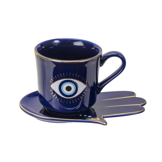 Blue Evil Eye Porcelain Tea Cup & Saucer, 7 oz