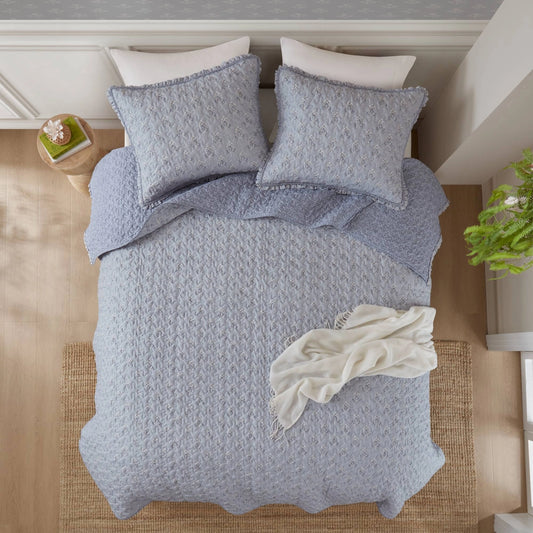 3pc Ruffle Printed Vermicelli Stitched Quilt Set, Blue