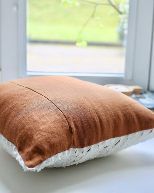 Decorative linen pillow cover with striped fabric in White & Cinnamon