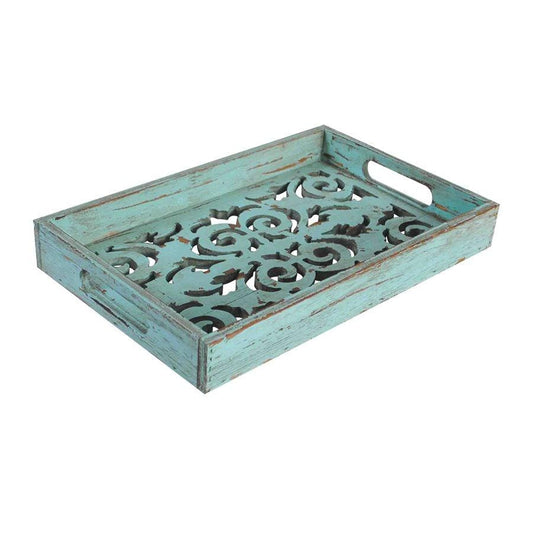 Decorative Scroll Carved Turquoise Wooden Tray, 2 MOQ