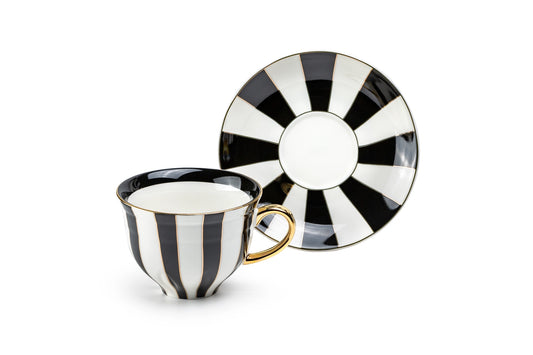 Black Carousel Stripes Porcelain Cup & Saucer, 10oz