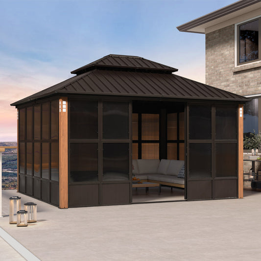 PURPLE LEAF Bronze Frame Sunroom Hardtop Gazebo Solarium Wood Grain Columns Galvanized Steel Double Roof All-Weather Screen House
