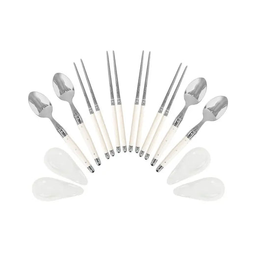 Laguiole Faux Ivory Chopsticks & Spoons with Rests, 4 Pairs