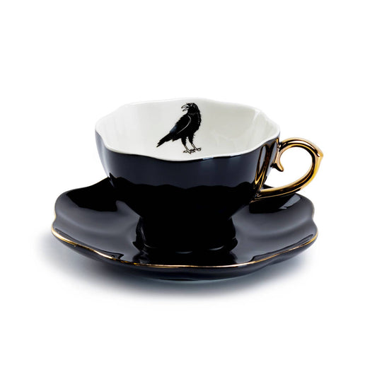 Raven Black Gold Porcelain Tea Cup & Saucer