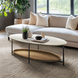 2-Tier Oval Coffee Table with Storage Shelf, White/Natural