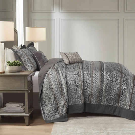 5 Piece Reversible Jacquard Bedspread Set, Grey