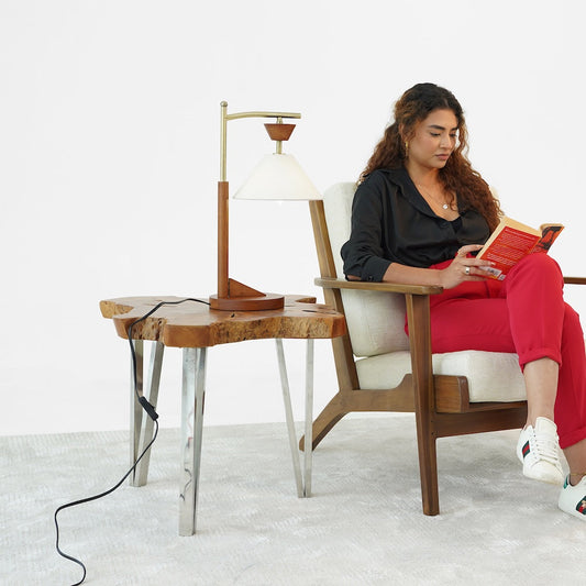 Dreamlight Table Lamp, Brown Solid Wood Base with Elegant Cone Linen Shade