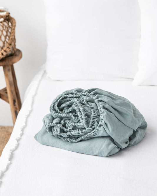 Dusty blue linen fitted sheet