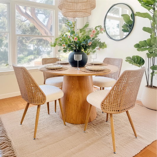 Dwen & Nice 46" Round Rattan & Beige Dining Set for 4 (5-Piece)