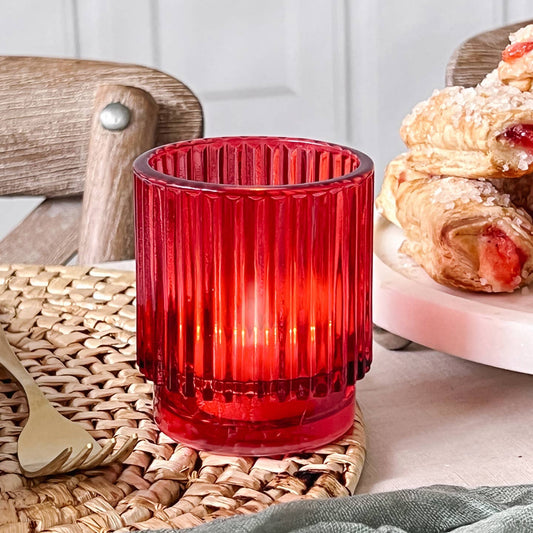 Ribbed Red Glass Votive Candle Holders Set of 6